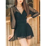 Mesh Low Cut Backless Swimsuit – Korean Beach Dress Biquinis 2025