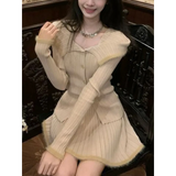 Beige Knit Two-Piece Set – Collared Cardigan & Pleated Skirt