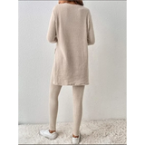 Beige Ribbed Knit Two-Piece Set – Split Long Sleeve Top & Pants