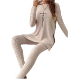 Beige Ribbed Knit Two-Piece Set – Split Long Sleeve Top & Pants
