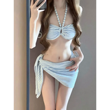 Striped 4-Piece Bikini Set – Halter Top, Sarong Cover-Up Summer Swimwear