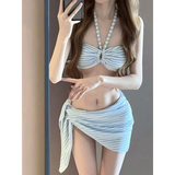 Striped 4-Piece Bikini Set – Halter Top, Sarong Cover-Up Summer Swimwear