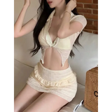 Ruffle Bikini Set – Sheer Short Sleeve Cover-Up with Skirt