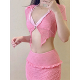 Ruffle Bikini Set – Sheer Short Sleeve Cover-Up with Skirt