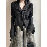 Black Pleated Gothic Harajuku Blouse – Button-Up Long Sleeve