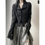 Black Pleated Gothic Harajuku Blouse – Button-Up Long Sleeve