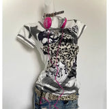 Y2K Punk Tee – Leopard Print Patchwork & Skull Graphic