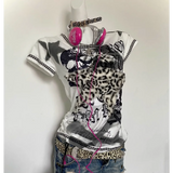 Y2K Punk Tee – Leopard Print Patchwork & Skull Graphic
