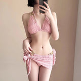 Chain Halter Bikini Set with Skirt – Korean 3PCS Beach Swimwear