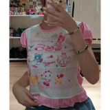 Harajuku Ruffle Cartoon Crop Tee