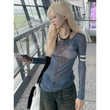 Sheer Skeleton Print Harajuku Top – Fairy Grunge Y2K Slim Fit
