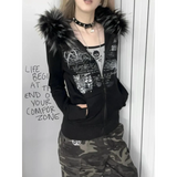 Black Gothic Grunge Fur Hooded Jacket