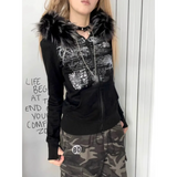Black Gothic Grunge Fur Hooded Jacket