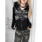Black Gothic Grunge Fur Hooded Jacket