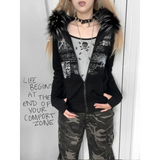 Black Gothic Grunge Fur Hooded Jacket