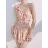 Floral Ruched Korean Swimsuit – 3D Flower One-Piece Skirted