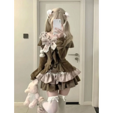 Fuzzy Lolita Set – Bow Top & Plaid Mini Skirt Kawaii