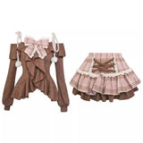 Fuzzy Lolita Set – Bow Top & Plaid Mini Skirt Kawaii