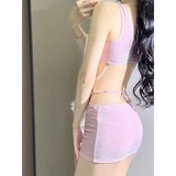 Glitter 3PC Bikini Set – 3D Flower Top with Pearl Chain Mini Skirt