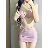 Glitter 3PC Bikini Set – 3D Flower Top with Pearl Chain Mini Skirt