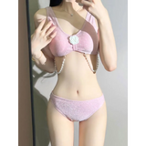 Glitter 3PC Bikini Set – 3D Flower Top with Pearl Chain Mini Skirt