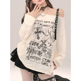 Off-Shoulder Gothic Grunge Tee – Harajuku Dark Aesthetic Top