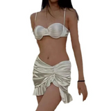 Satin Halter Bikini Set – Ruffled Irregular Wrap Skirt Swimsuit
