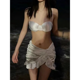 Satin Halter Bikini Set – Ruffled Irregular Wrap Skirt Swimsuit