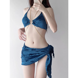 Black Chain Ring Halter Bikini Set – Korean Sexy Swimwear 3PCS Skirt