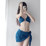Black Chain Ring Halter Bikini Set – Korean Sexy Swimwear 3PCS Skirt