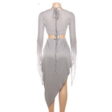 Gray Mesh Two-Piece Set – Halter Cutout Dress & Lace-Up Top