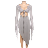 Gray Mesh Two-Piece Set – Halter Cutout Dress & Lace-Up Top
