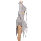Gray Mesh Two-Piece Set – Halter Cutout Dress & Lace-Up Top
