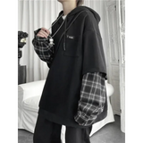Harajuku Oversized Unisex Hoodie – Plaid Patchwork Grunge Style