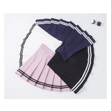 High Waist Korean Pleated Skirt – Patchwork Striped Tennis Skirt for Women