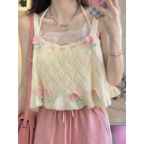 Chic Japanese Kawaii Flower Embroidery Knit Tank Top