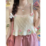 Chic Japanese Kawaii Flower Embroidery Knit Tank Top