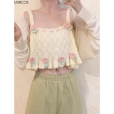 Chic Japanese Kawaii Flower Embroidery Knit Tank Top