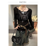 Japanese Knitted Grunge Tattoo Print Long Sleeve T-shirt