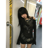 Japanese Knitted Grunge Tattoo Print Long Sleeve T-shirt