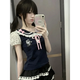 Y2K Lace T-shirt - Kawaii Cartoon Embroidery Graphic Tee