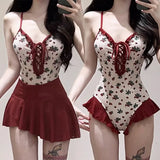 Cherry Print Lace-Up Swimsuit – Kawaii Pleated Skirt Bikini Set