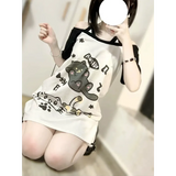 Off-Shoulder Cat Print T-Shirt – Kawaii Y2K Grunge Top