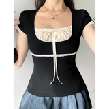 Lace Trim Crop Top: Sweet Square Neck Harajuku Tee