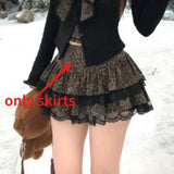 Leopard Print Bow Slim Fit Long Sleeve Lace Coat Women + Y2k High Waist Cake Skirts 2025 Autumn Winter New Two Piece Sets
