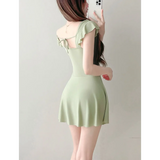 Mauve Ruffle Sleeve One Piece Swimsuit – Bow Detail Mini Dress Style