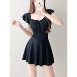Mauve Ruffle Sleeve One Piece Swimsuit – Bow Detail Mini Dress Style