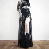 Mesh Gothic Side Slit Skirt – Punk Lace-Up High Waist Maxi Skirt