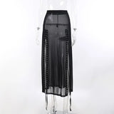 Mesh Gothic Side Slit Skirt – Punk Lace-Up High Waist Maxi Skirt