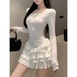 Ruffle Hem Mini Dress – Slim Fit Y2K Long Sleeve Design